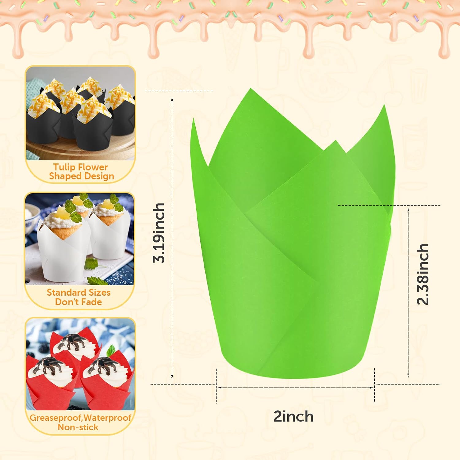 Green Cupcake Liners 100Count Baking Cups Standard Tulip Paper Greaseproof Muffin for Wedding Birthday Christmas Party Baby Shower Anniversaries All Festivals