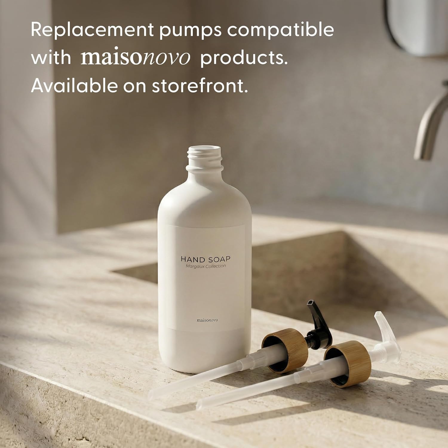 MaisoNovo Glass Soap Dispenser Bathroom Set of 2-16.9 oz Bathroom Soap Dispenser Set - White Glass Bottles x 2 with White Bamboo Pumps & Tray - Image 13