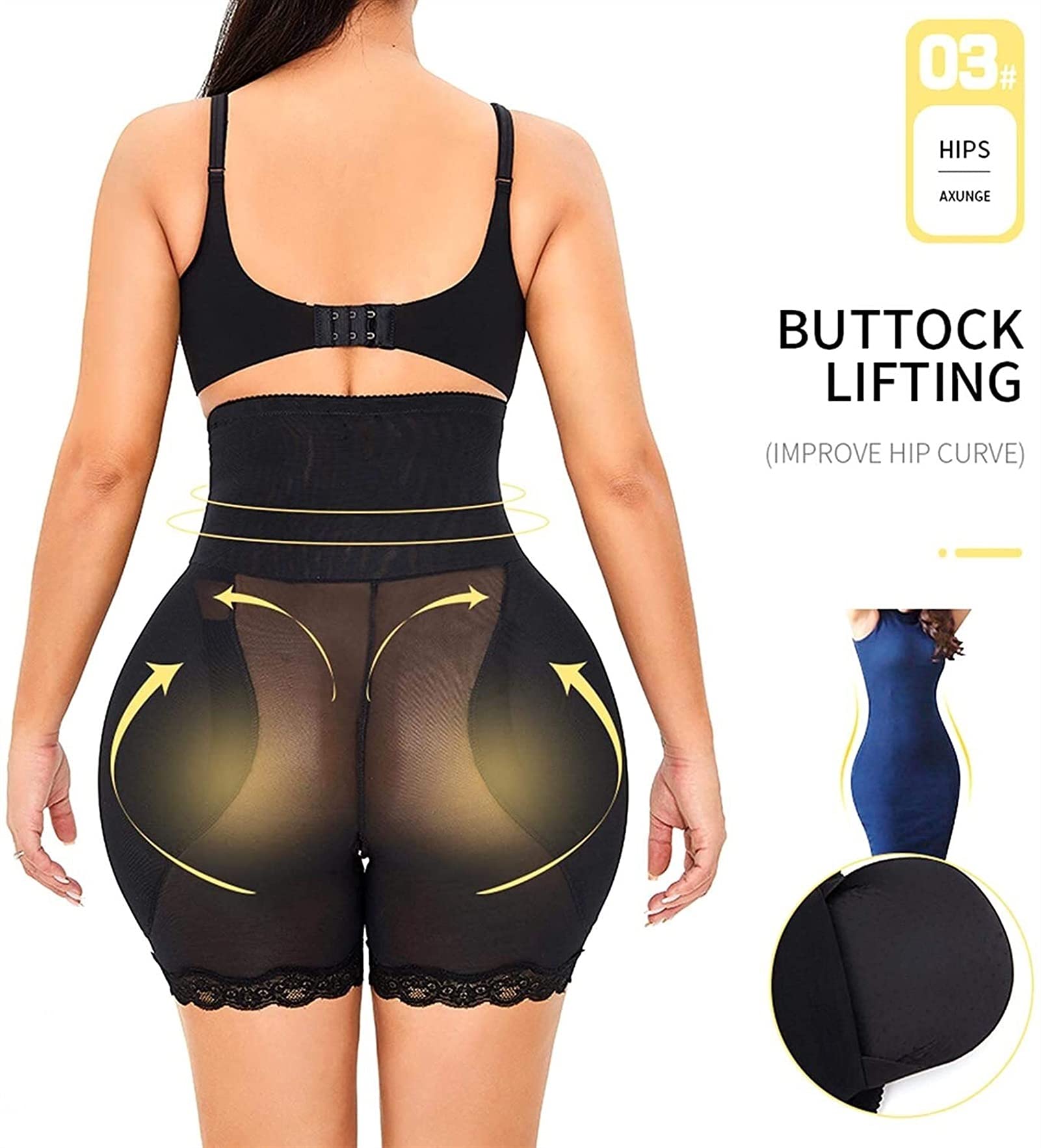 CMBSSTFC Bragas potenciadoras de Cadera antivuelco para Mujer, Ropa Interior Acolchada para Levantar glúteos, Ropa Interior sin Costuras con Control de Barriga (Negro Grande)