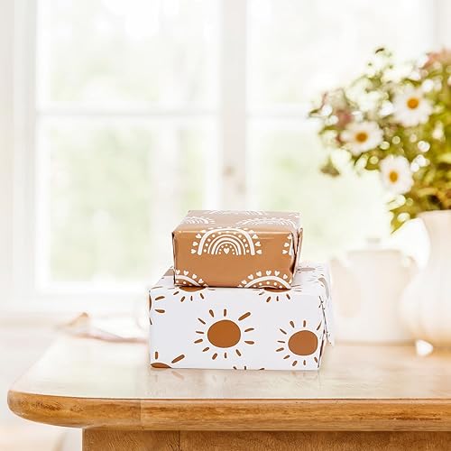 Miniatura 7 de Whaline 12 piezas de papel de regalo bohemio moderno bohemio con margaritas, arco iris, sol, papel de arte a granel, plegado plano para baby shower,
