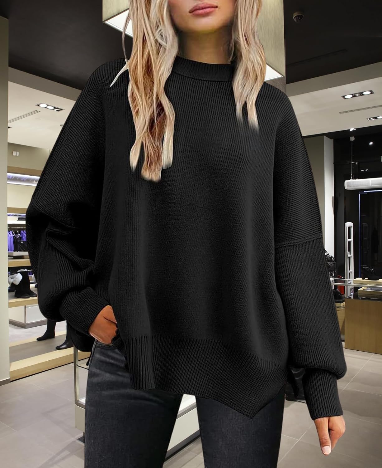 LIZALIG Women's Oversized Batwing Casual Sweaters Fall Outfits Knit Side Slit Fashion Crewneck Pullover Batwing Tops - Image 5