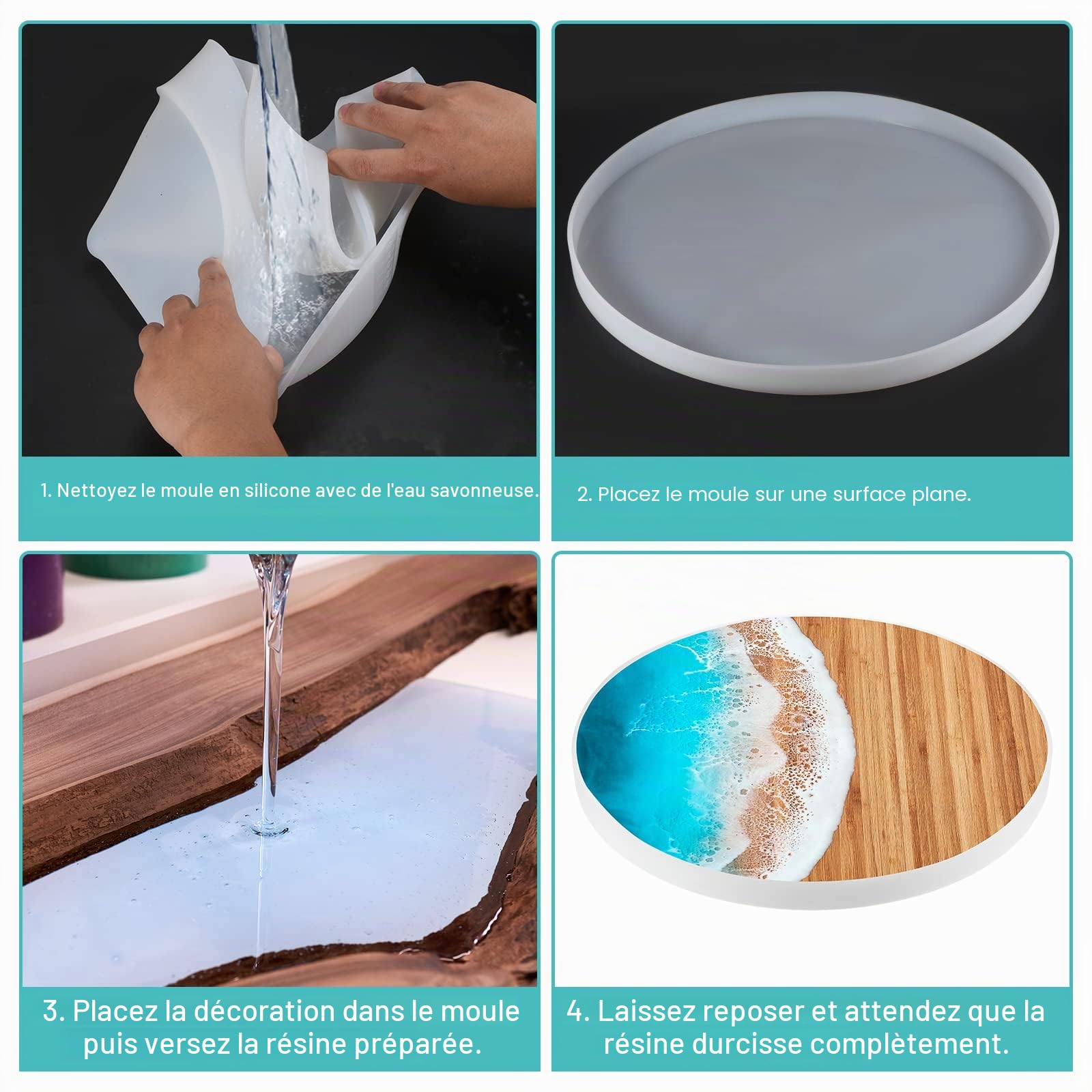 sourcing map Moule à charcuterie en résine et silicone pour planche à charcuterie, 60 cm, moule époxy, planche à découper, table basse pour loisirs créatifs, décoration d'intérieur (rond)