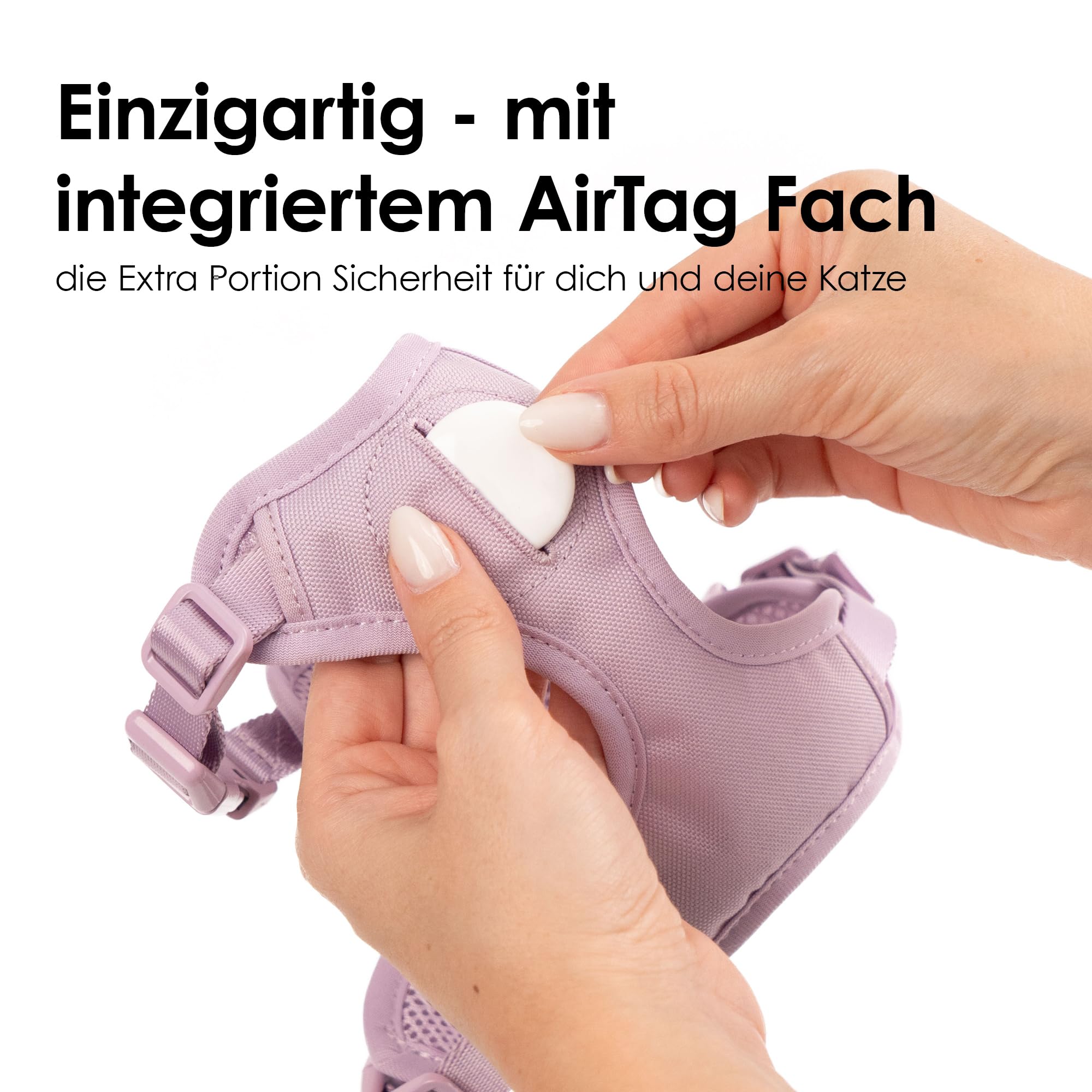 LucyBalu® Explorer Katzengeschirr mit Leine I Brustgeschirr-Set mit Fach für AirTag I gepolstert, atmungsaktiv & verstellbar I 1,5 m Katzenleine I Leo XS/S