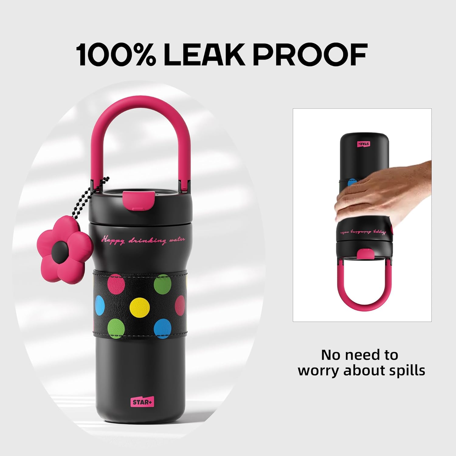 24 oz Insulated Tumbler Drinks Flask for Women, Stainless Steel Leak Proof Tumbler Portable Water Bottle Fits in Cup Holder Resuable Travel Coffee Mug- Polka Dot Black - Image 6