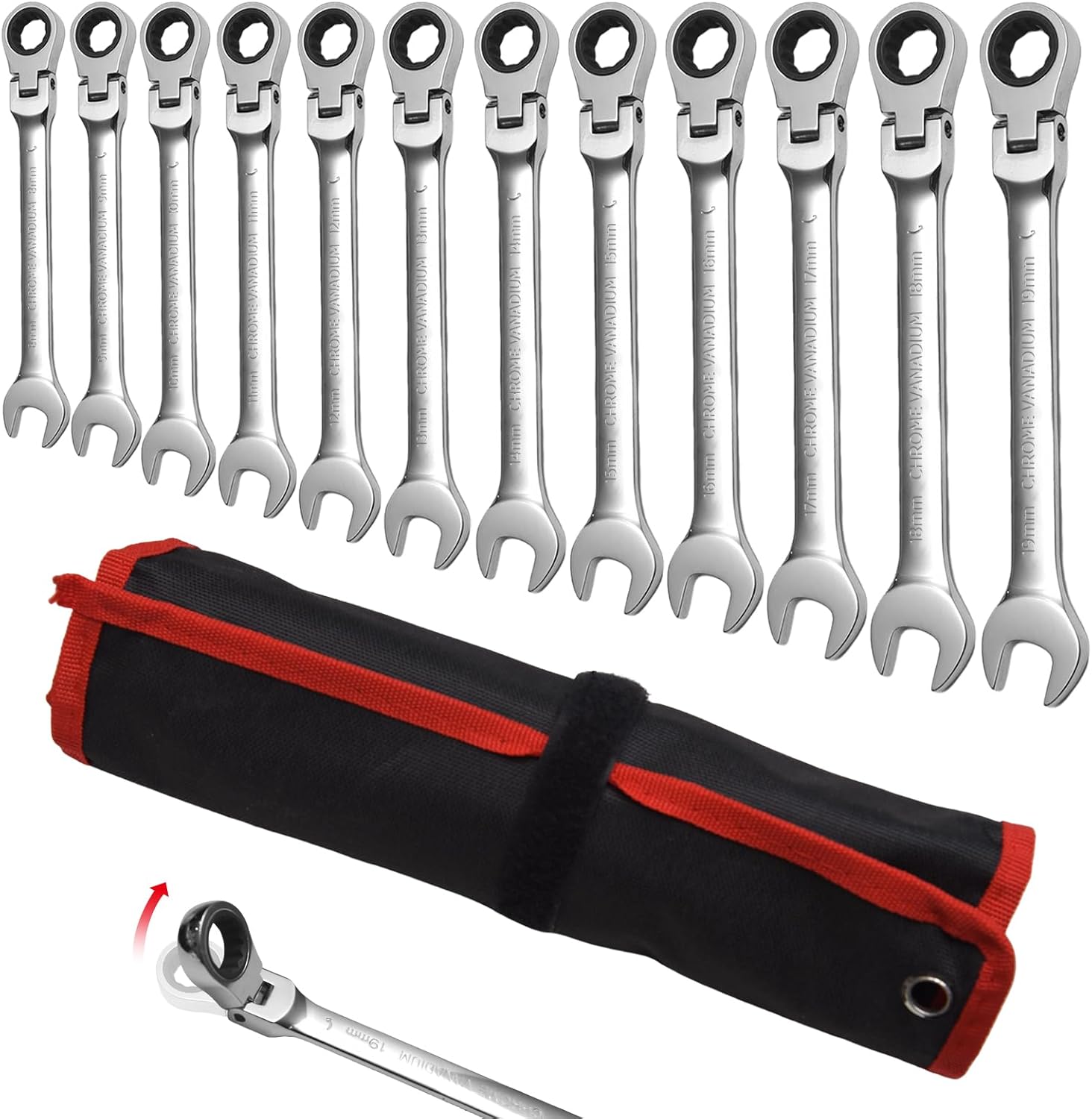 WISEUP 12Pcs Ratchet Wrench, CR-V Chrome-vanadium Steel 8-19mm Wrench, 180 ° Adjustable Combination Wrenches, Double-end Ratchet Wrench, Anti-slip Rust-proof, Labor-saving Tools