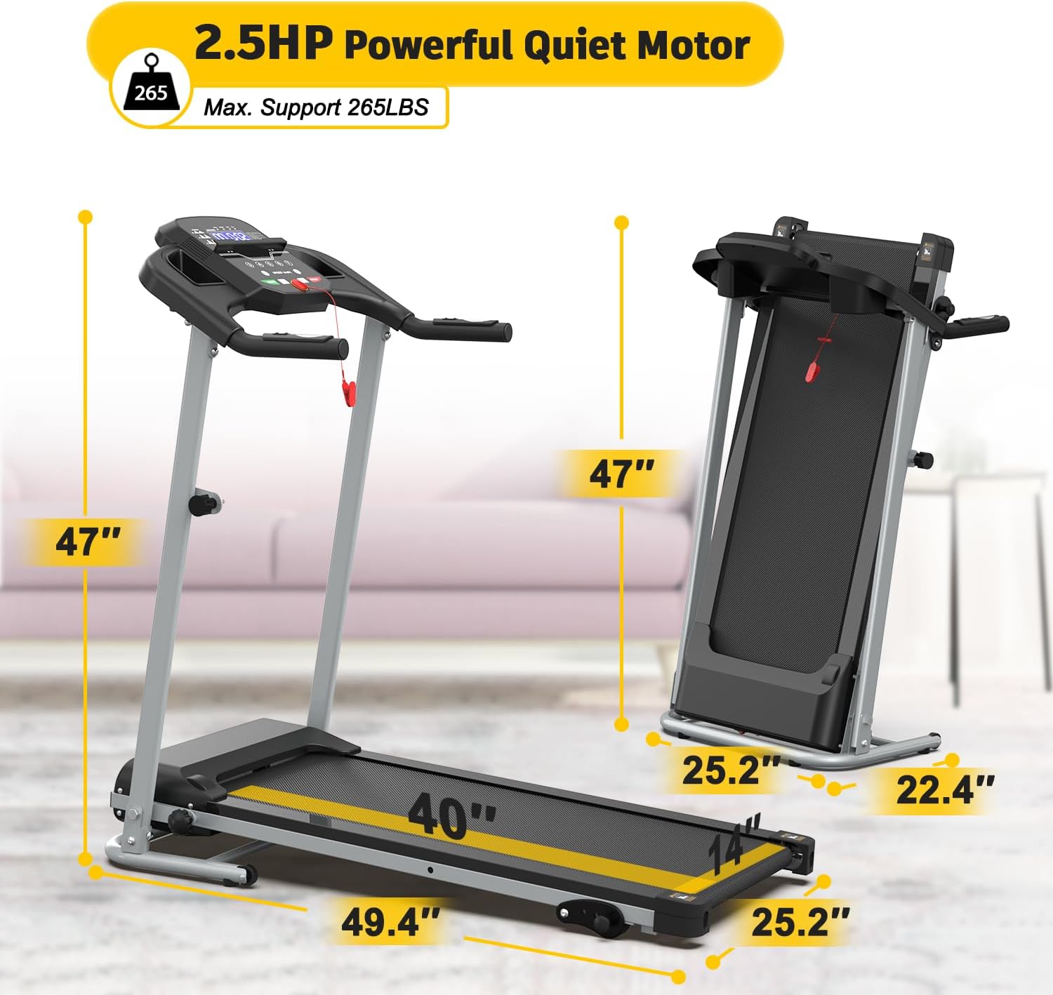 Foldable Treadmill with Incline, 2.5HP Quiet Motor & 350lb Capacity - Compact Treadmills for Home Small Spaces, Office Treadmill w Handles, Shock Absorption & LCD Display