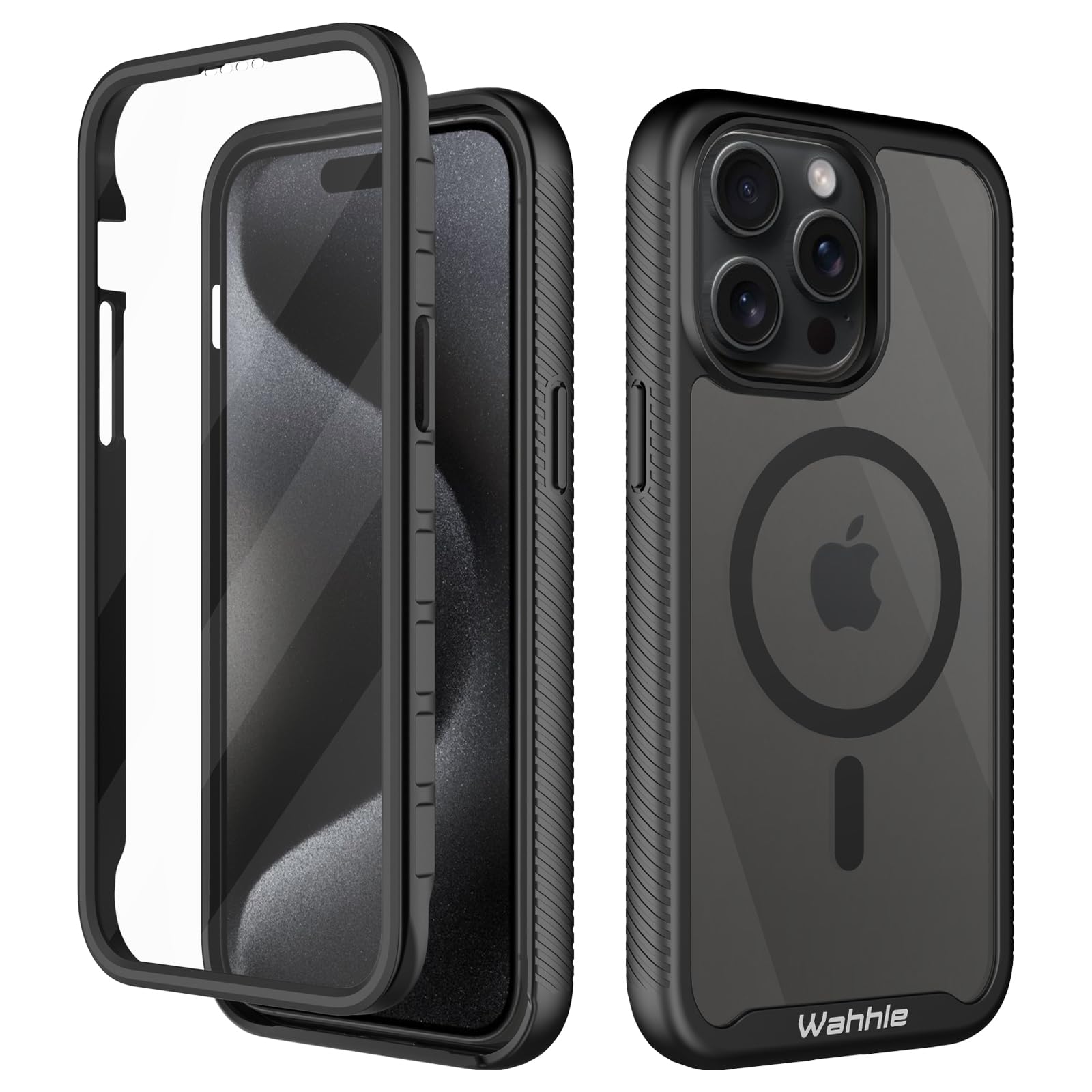 wahhle Compatible with iPhone 15 Pro Case, Magnetic Wireless Charging Built in Screen Protector Full Body Shockproof Slim Fit Bumper Protective Phone
