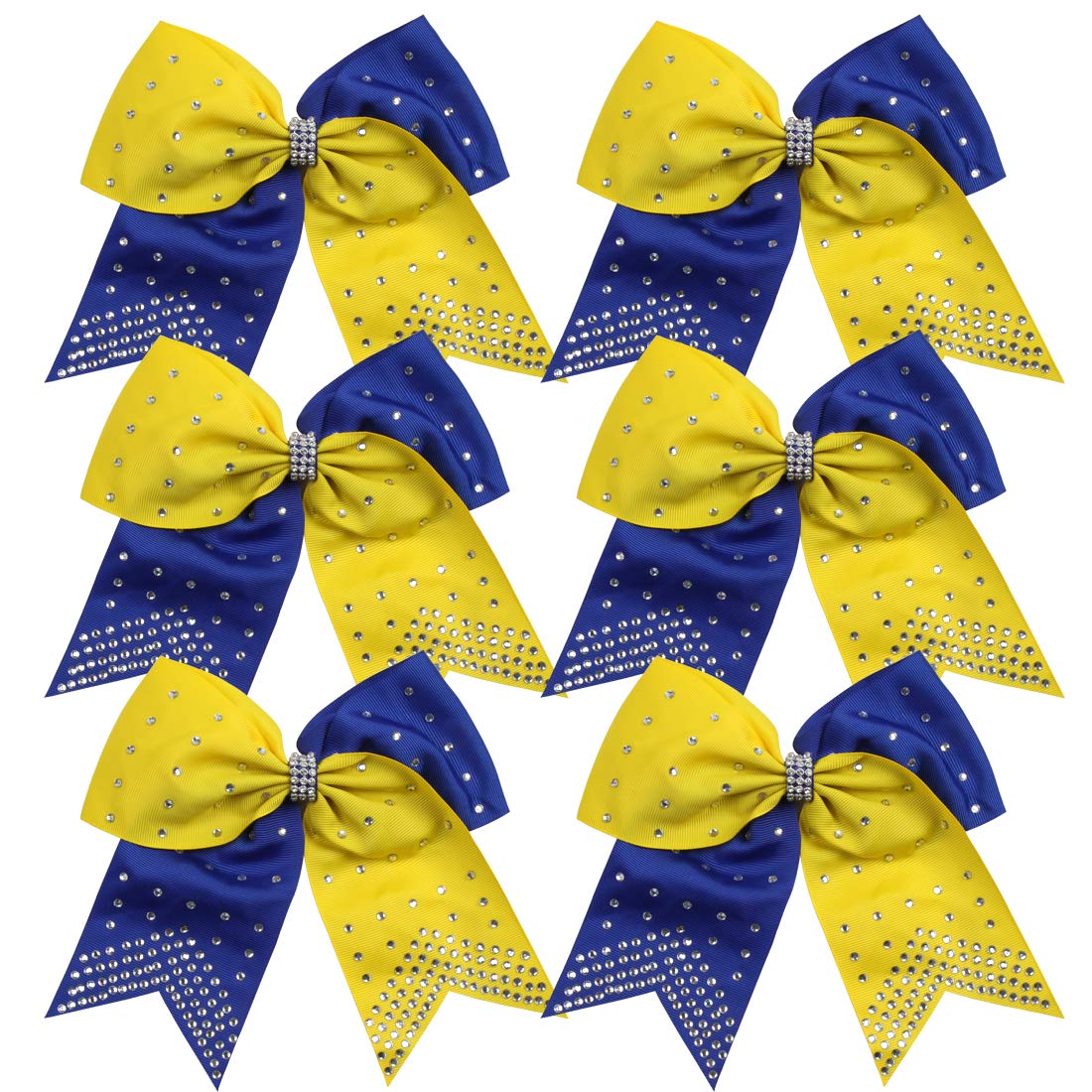 8 Inch 2 Colors Cheerleader Bows Ponytail Holder with Bling Fling Rhinestones Hair Tie Cheerleading Bows 6 Pcs (Royal Blue/Yellow)