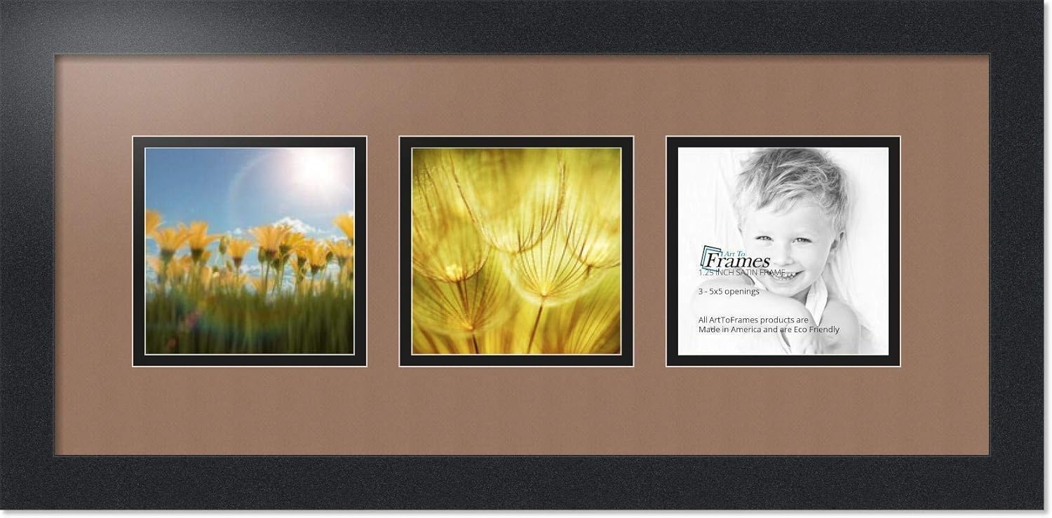 ArtToFrames Collage Photo Frame Double Mat with 3 - 5x5 Openings and Satin Black Frame