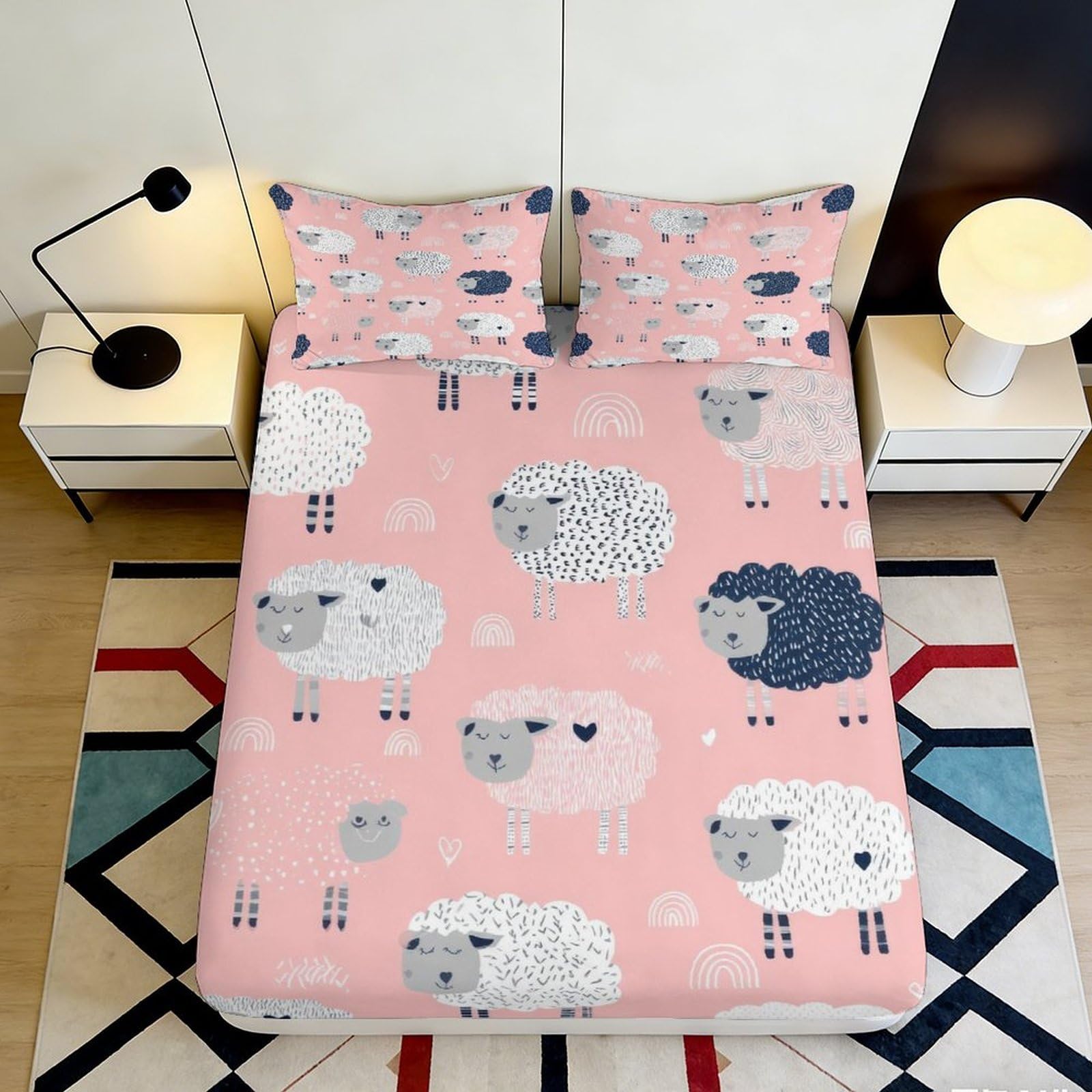 Pnayamiorkfel Style-2 3D Printed Pink Sheep Fitted Sheet Microfiber Soft Breathable Cartoon Lamb Mattress Cover For Bedroom Dorm Mattress Protection Decor 90X200x25cm