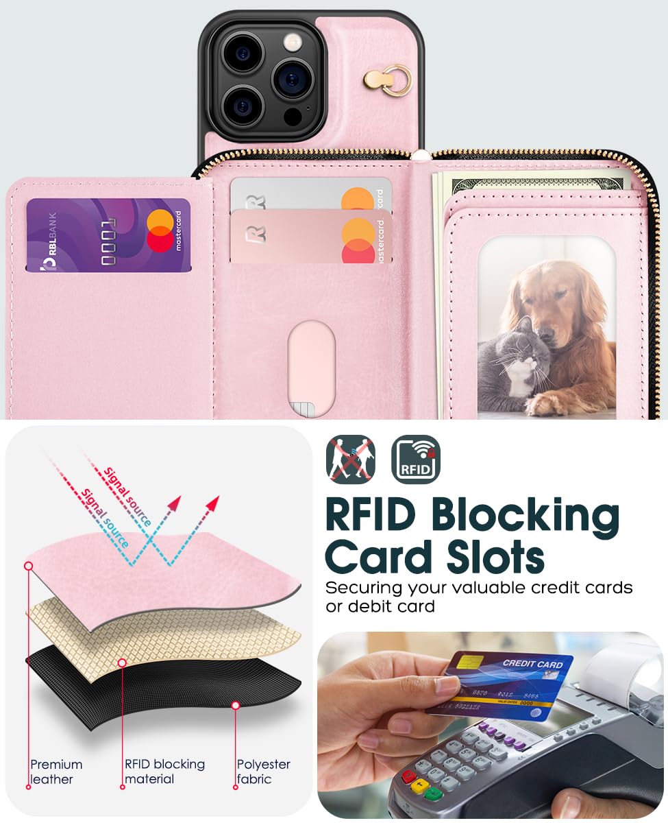 Custodia Portafoglio IPhone 16 In Pelle Con Cerniera – 9 Slot Carte E Cinturino (Oro Rosa)