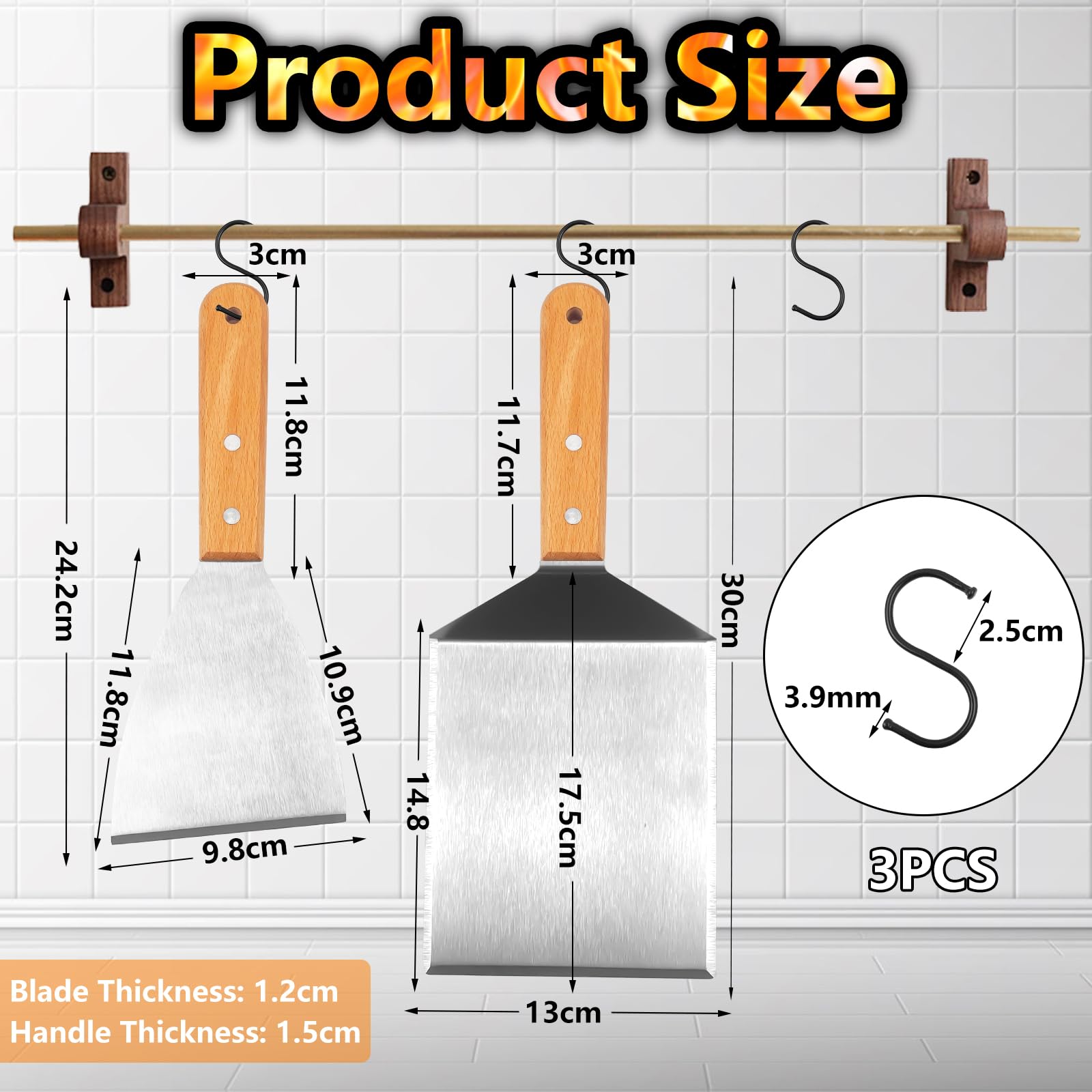 Set de Spatules pour Barbecue en Acier Inoxydable et Bois, Spatules Barbecue avec Crochets, Grande Spatule pour Smash Burger, et Presse à Burger, Idéal pour Plancha et Teppanyaki