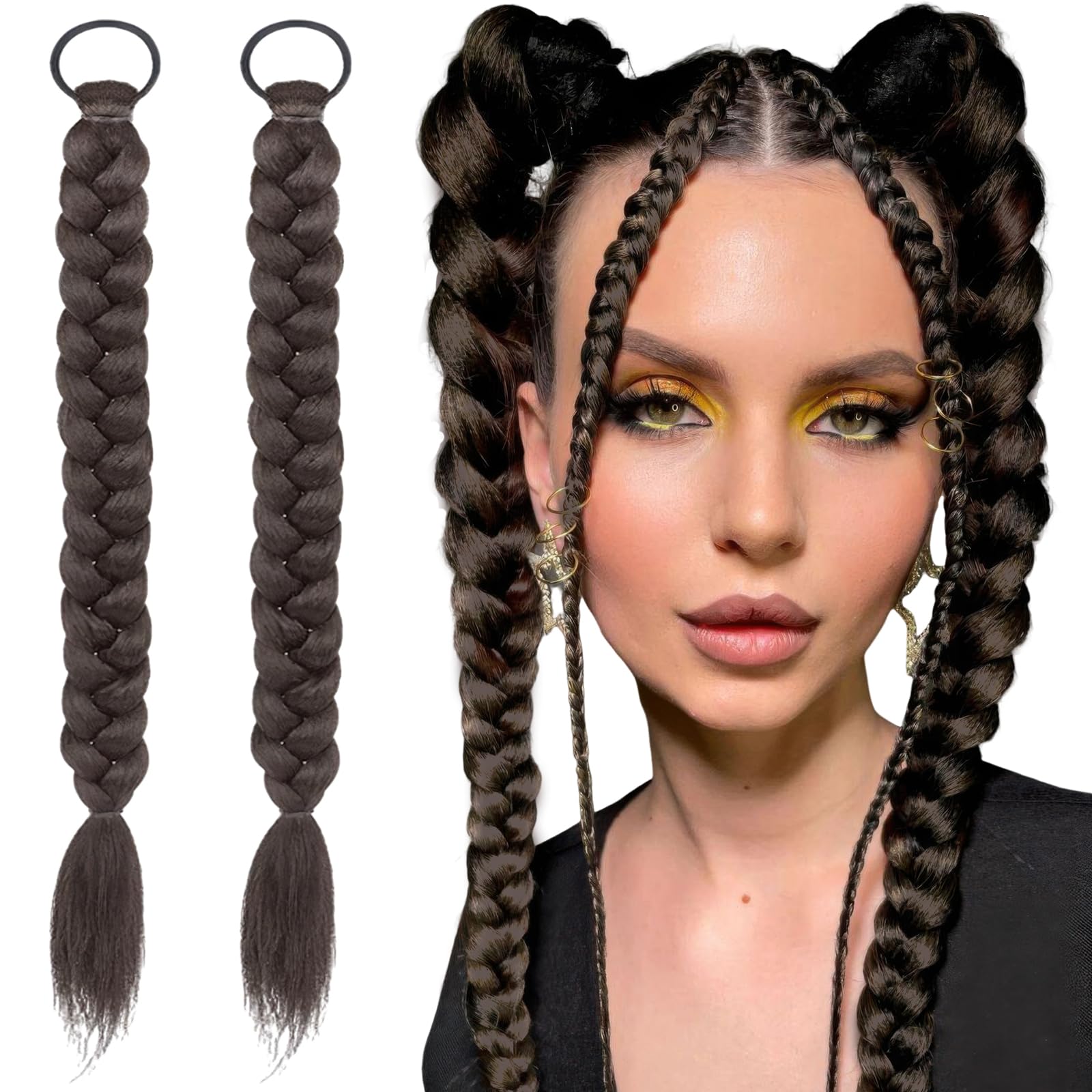 Photo 1 of 2 Pcs Braided Ponytail Extensions with Hair Ties Soft Natural Synthetic Ponytail Hair Pieces for Women Girls Daily Hairpieces Accessories 16 Inch (Brownish Black)