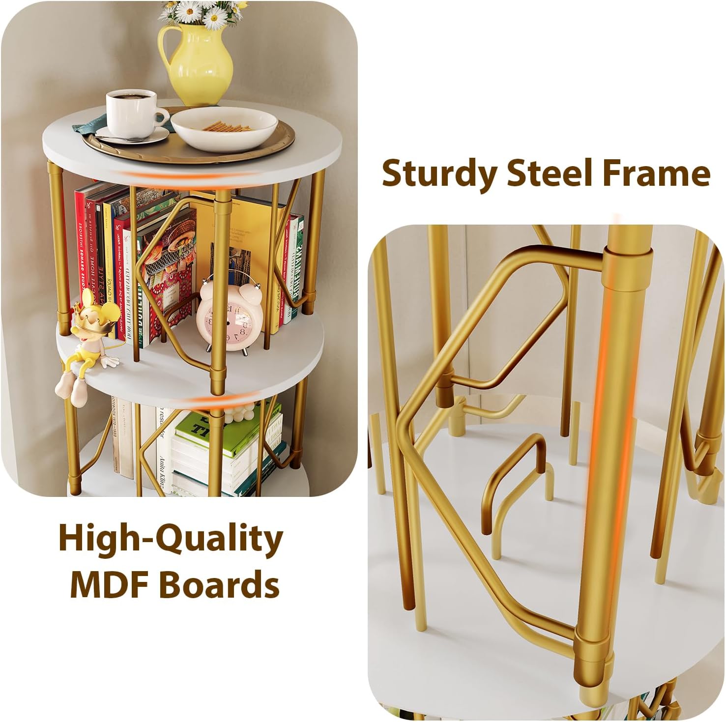 5 Tier Rotating Bookshelf Tower, Revolving Bookcase, 360° Round Spinning Book Shelf, Narrow Swivel Bookshelves Vertical Turning Corner Bookshelf Organizer for Bedroom, Living Room, Gold & White