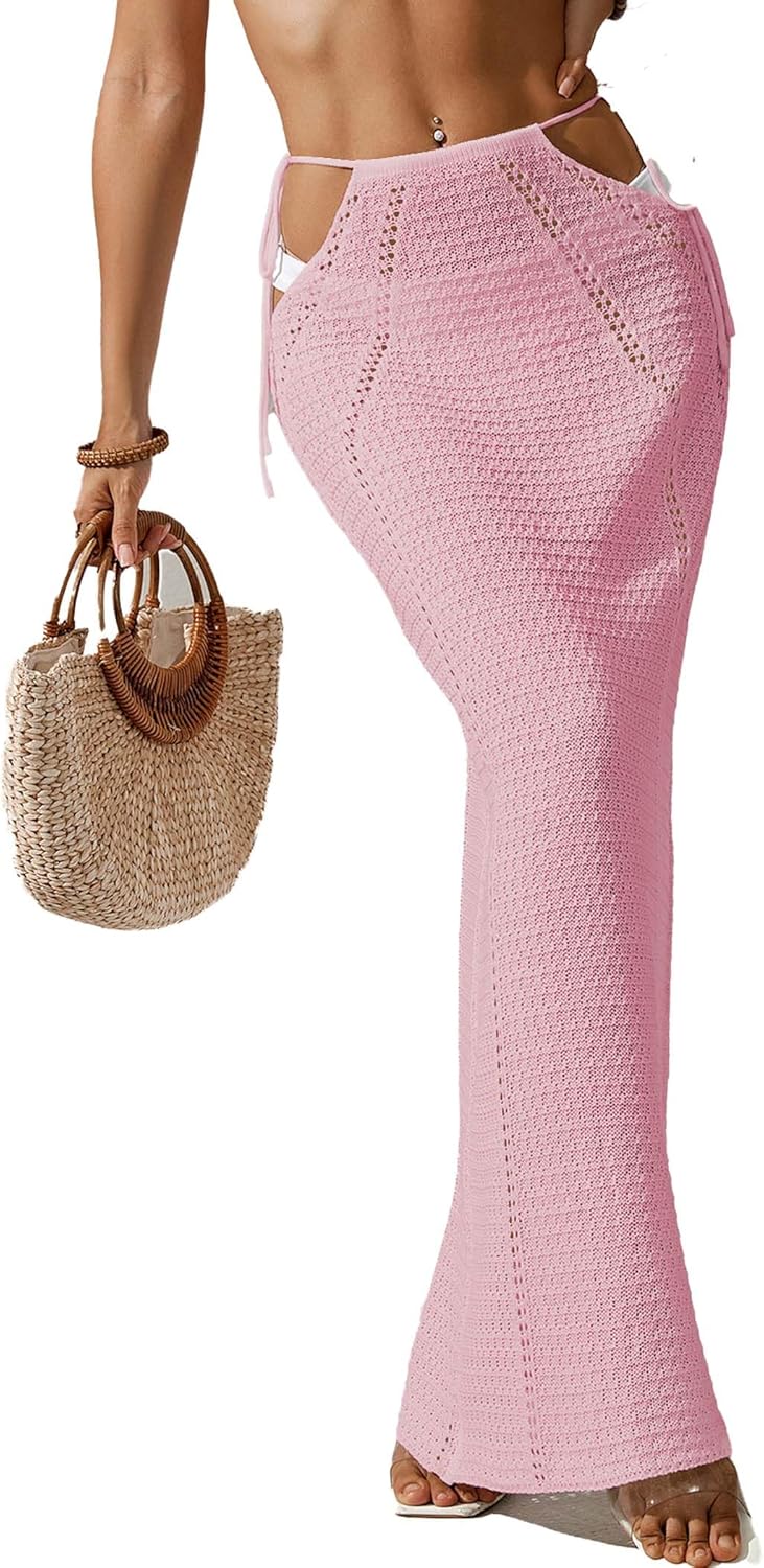 BreathSunny Womens Crochet Knit Slim Fit Beach Sarong Summer 2026 Waist Tie Hollow Out Bathing Suit Cover Up Maxi Skirt