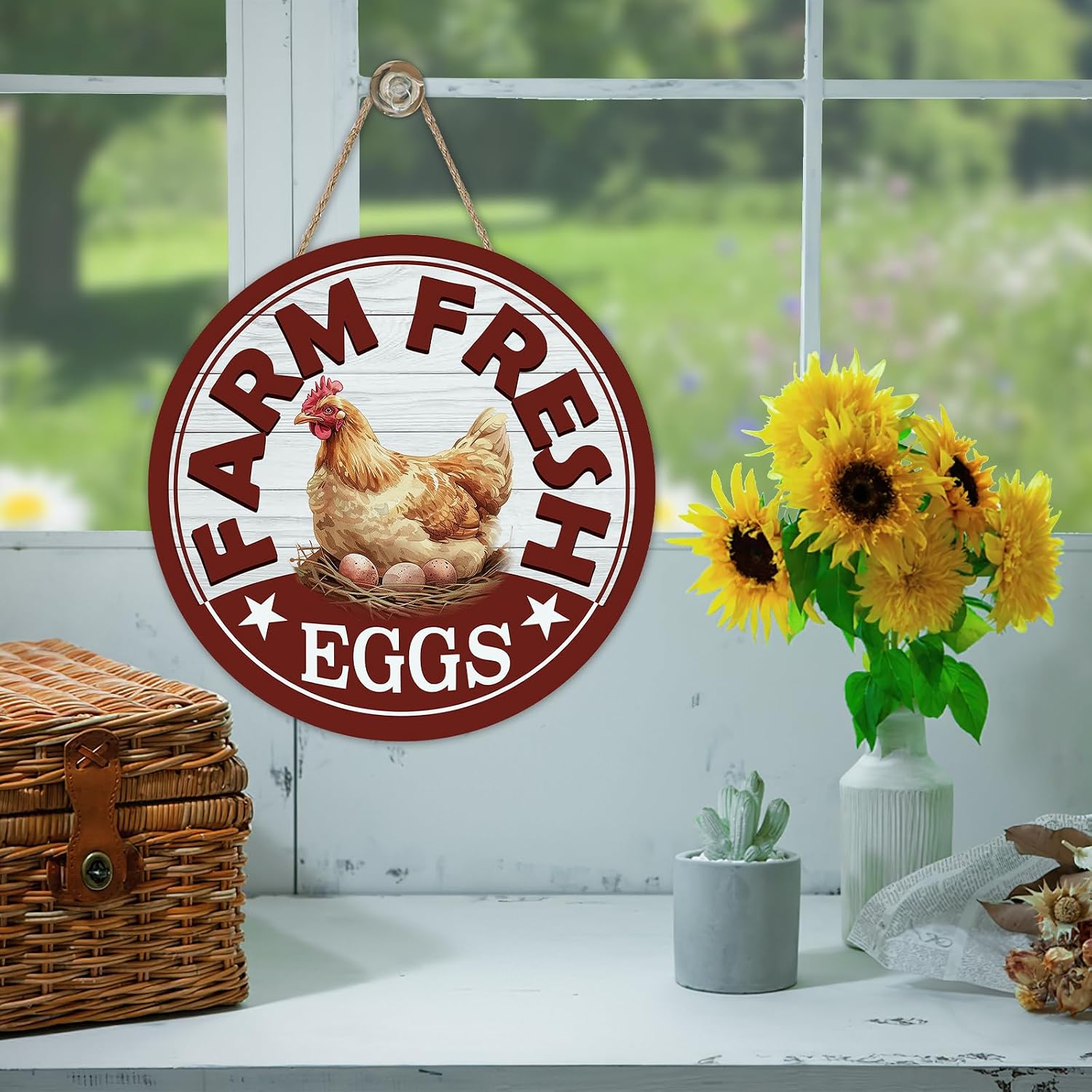 Farm Fresh Eggs Chicken Front Door Sign, Farm Animals Hen Farmers Market Wood Plaque Hanger Home Kitchen Decor, Farmhouse Rustic Country Wooden Wreath Indoor Wall Hanging Decoration