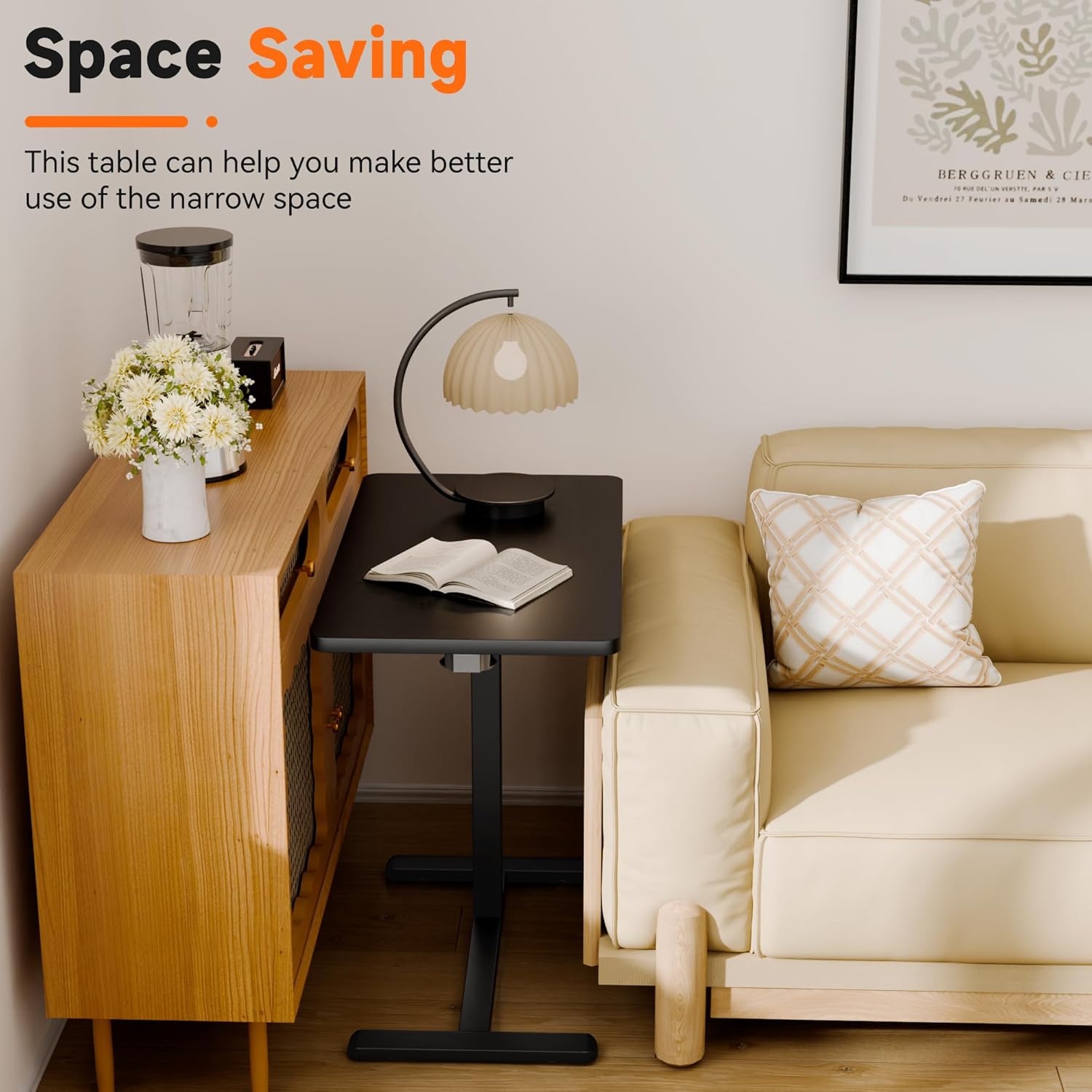 YESHOMY Adjustable Bedside Table with Wheels, Phone Stand, Cup Holder and Headphone Hook, Adjustable Height Side Table, Hospital and Home Use, Black