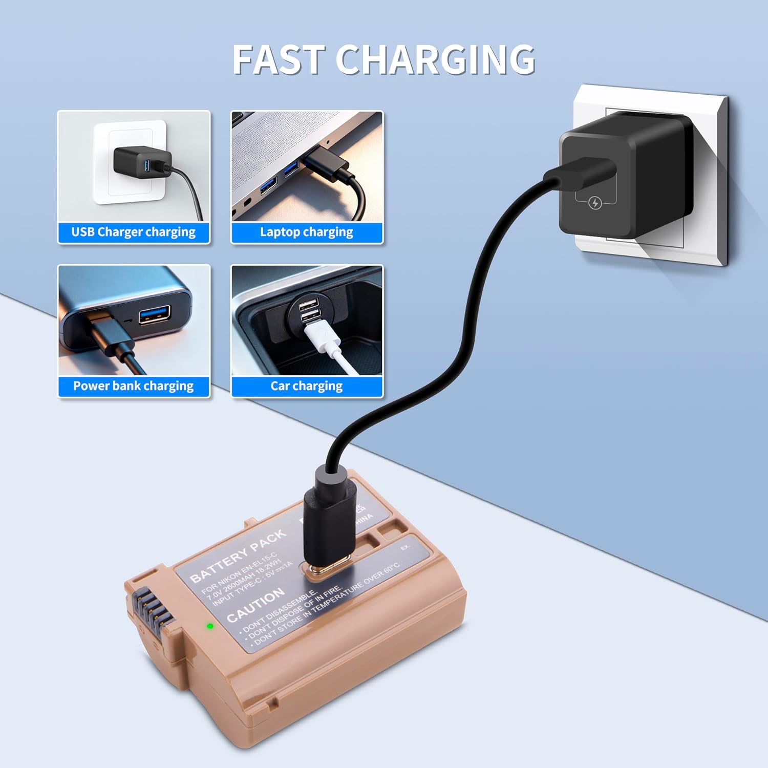 EN-EL15C Battery 2-Pack 2500mAh with USB-C Charging Cable, EN-EL15 Battery for Nikon Z8 Zf Z5 Z6 Z6 II Z7 Z7II D7000 D7200 D7500 D600 D610 D750 D780 D800 D850 D800E D810 D810A 1 V1 Cameras