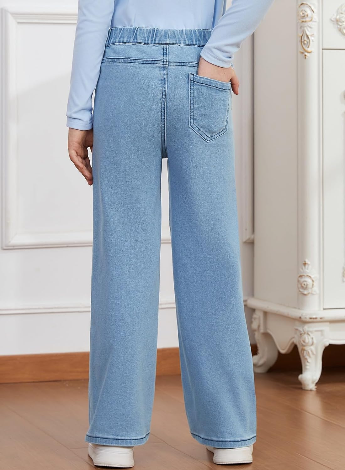blibean Girls High Waist Straight Leg Jeans Heart Pockets Size 6-15 Years | Cute Heart Patch Pockets ,Kids School Casual Denim Pants, Stretch Waist ,Pull on ,Solid,Back to School,Daily