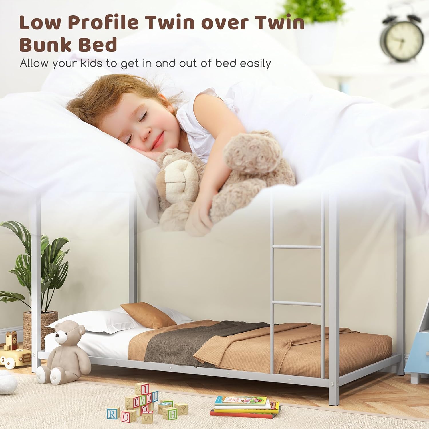 Giantex Twin Over Twin Metal Bunk Beds, Heavy Duty Bed Frame with Safety Guard Rail & Ladder, Low Floor Bunk Bed for Boys Girls Adults Dormitory Bedroom, Noise Free, No Box Spring Needed (Silver)