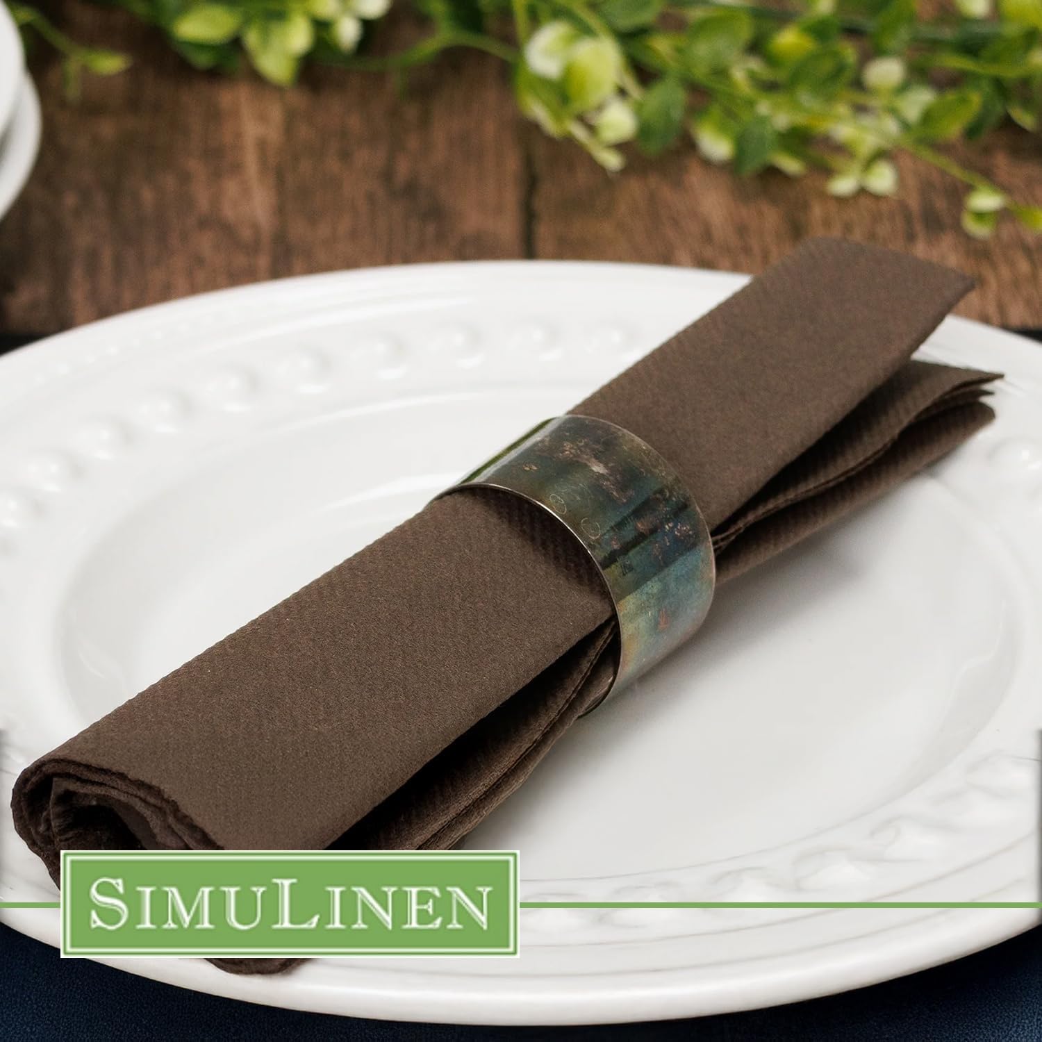 SimuLinen Brown Linen Feel Disposable Dinner Napkins - Cloth-Like Kosher Napkins for Weddings and Showers, Decorative 16"x16", Box of 50