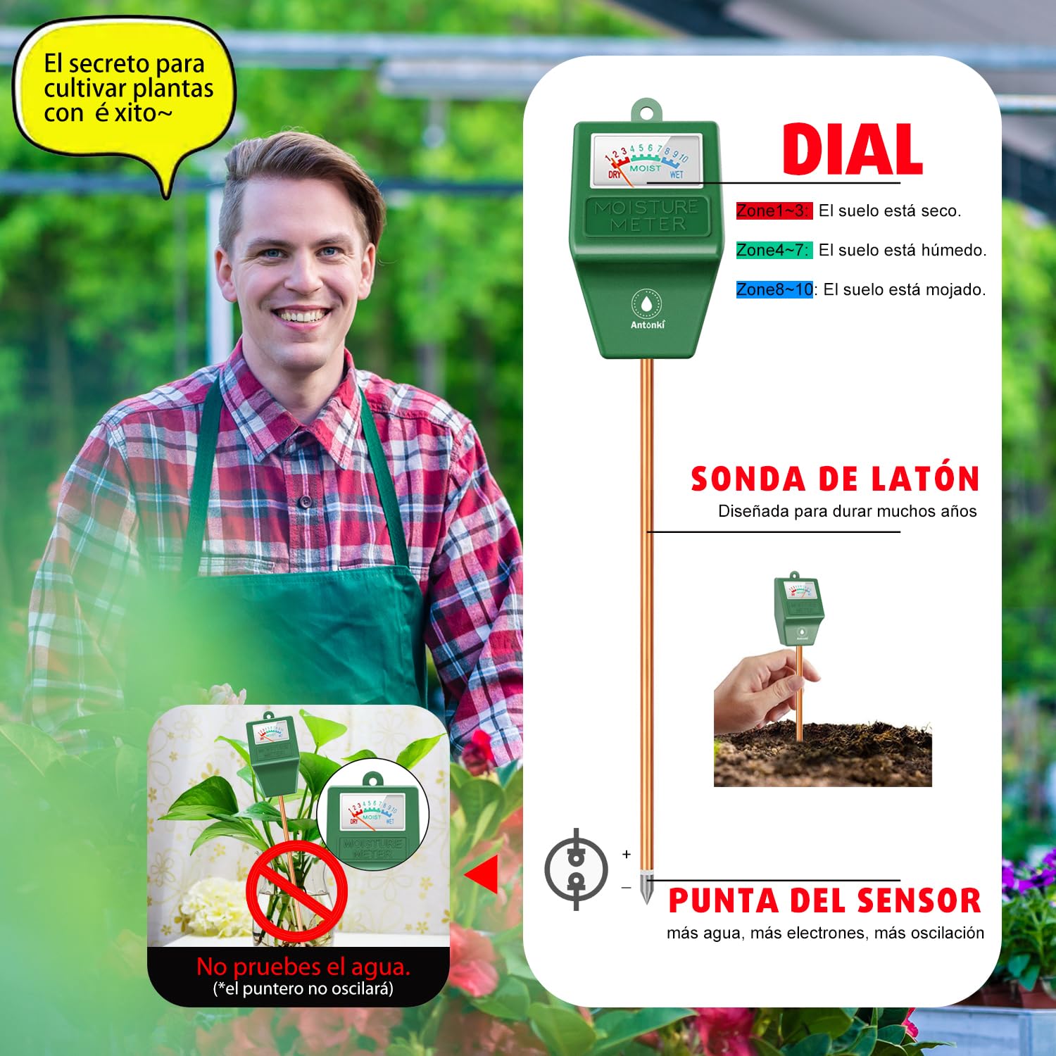 Antonki 2 Piezas Medidor Humedad Plantas, Higrometro Plantas de Suelo, Monitor de Riego de Flores para Plantas de Interior y Exterior, No se Necesitan Baterías