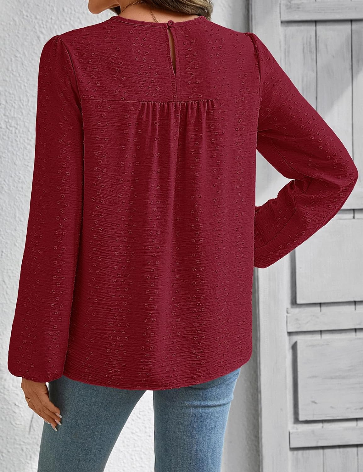 Yusongirl Women’s Swiss Dot Long Sleeve Blouse Boho Crewneck Flowy Top | Lace Trim, Balloon Sleeve, Lightweight, with Elastic Cuff, Loose, for Daily Wear