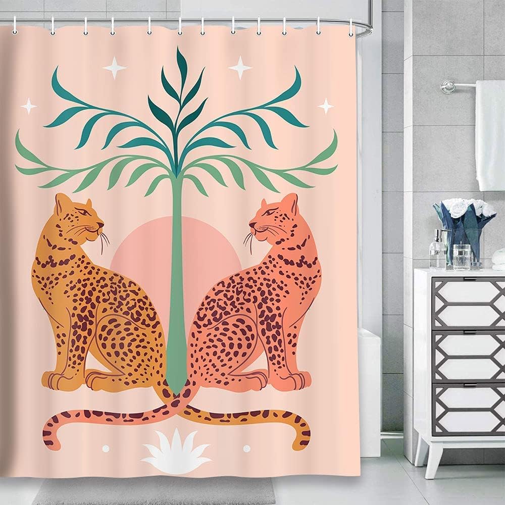 Mid Century Boho Leopard Shower Curtain, Tropical Jungle
