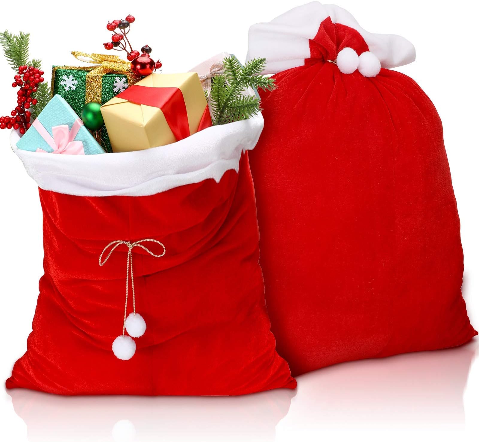 Christmas Bags, 2 Pieces Christmas Red Velvet Santa Claus Bags with Drawstring Cord, Extra Large Velvet Santa's Present Sack Bags for Xmas Present Toys, Storage Bags Holiday Party Supply (red)