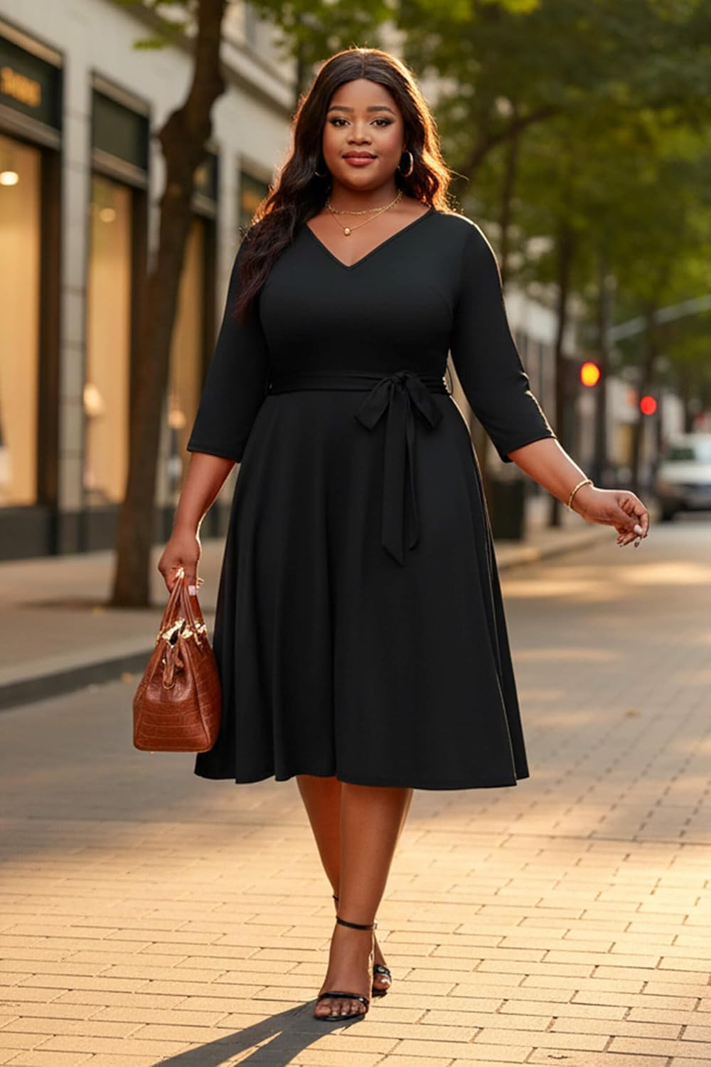 FANDEE Plus Size Midi Dresses for Women - A Line Church Dress V Neck 3/4 Sleeve Wedding Guest Cocktail with Pockets(XL-5XL) - Image 4