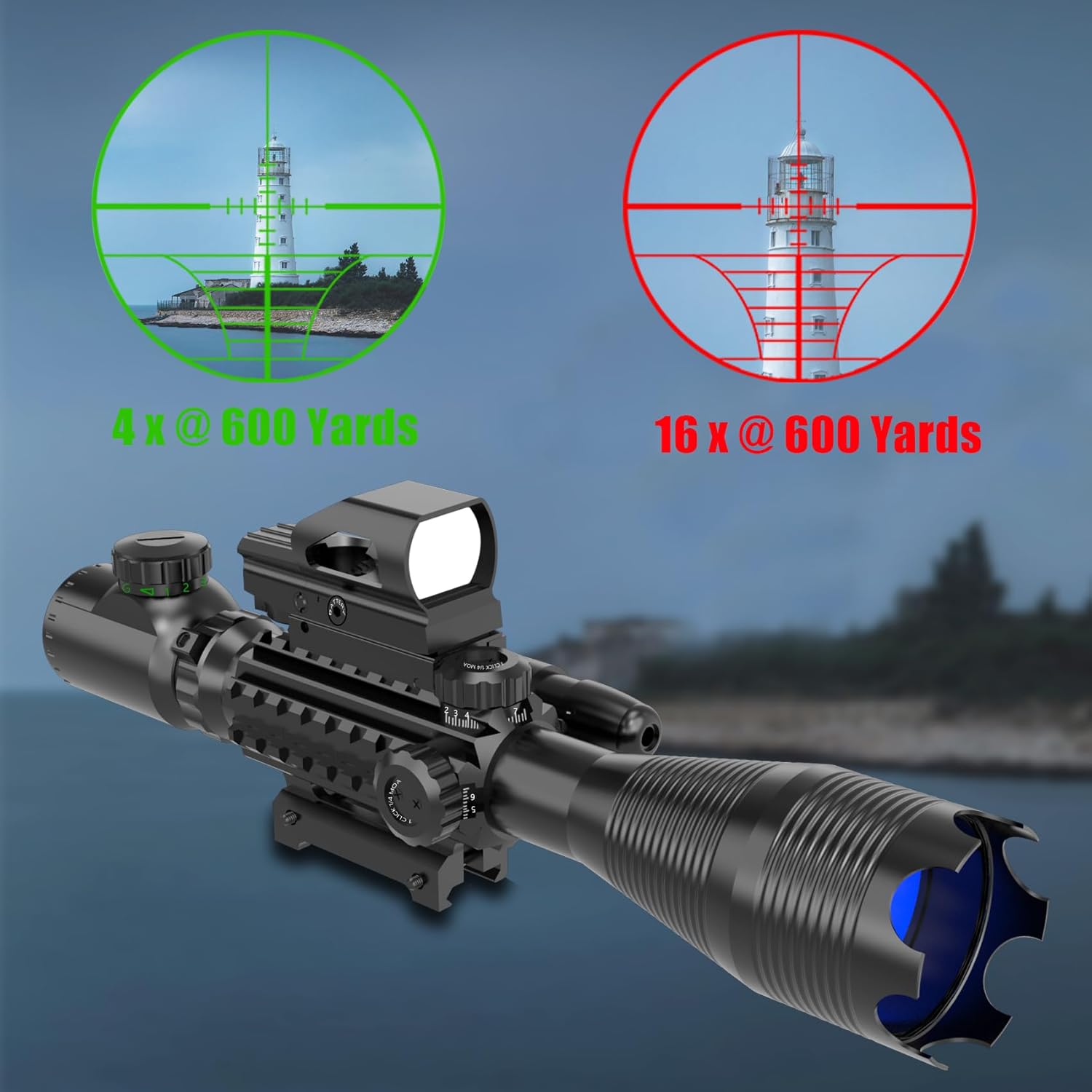UUQ 4-16x50 Tactical Rifle Scope Red/Green Illuminated Range Finder Reticle W/Laser Sight and Holographic Reflex Dot Sight