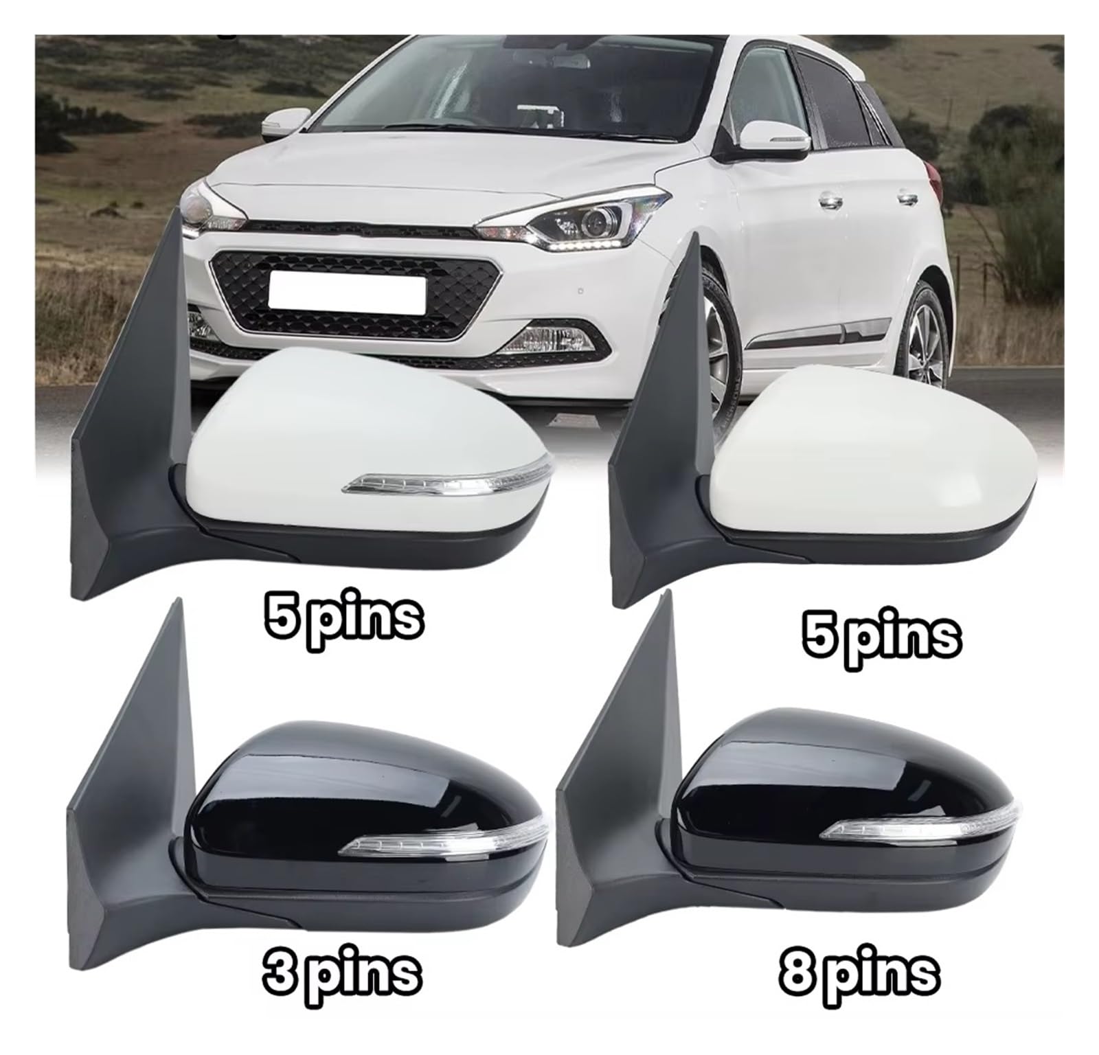 Specchietti Esterni Completi Per Hyundai Per I20 MK2 GB IB 2015 2016 2017 2018 2019 2020 Gruppo specchietto retrovisore 3/5/8 pin(Right White 5pin)