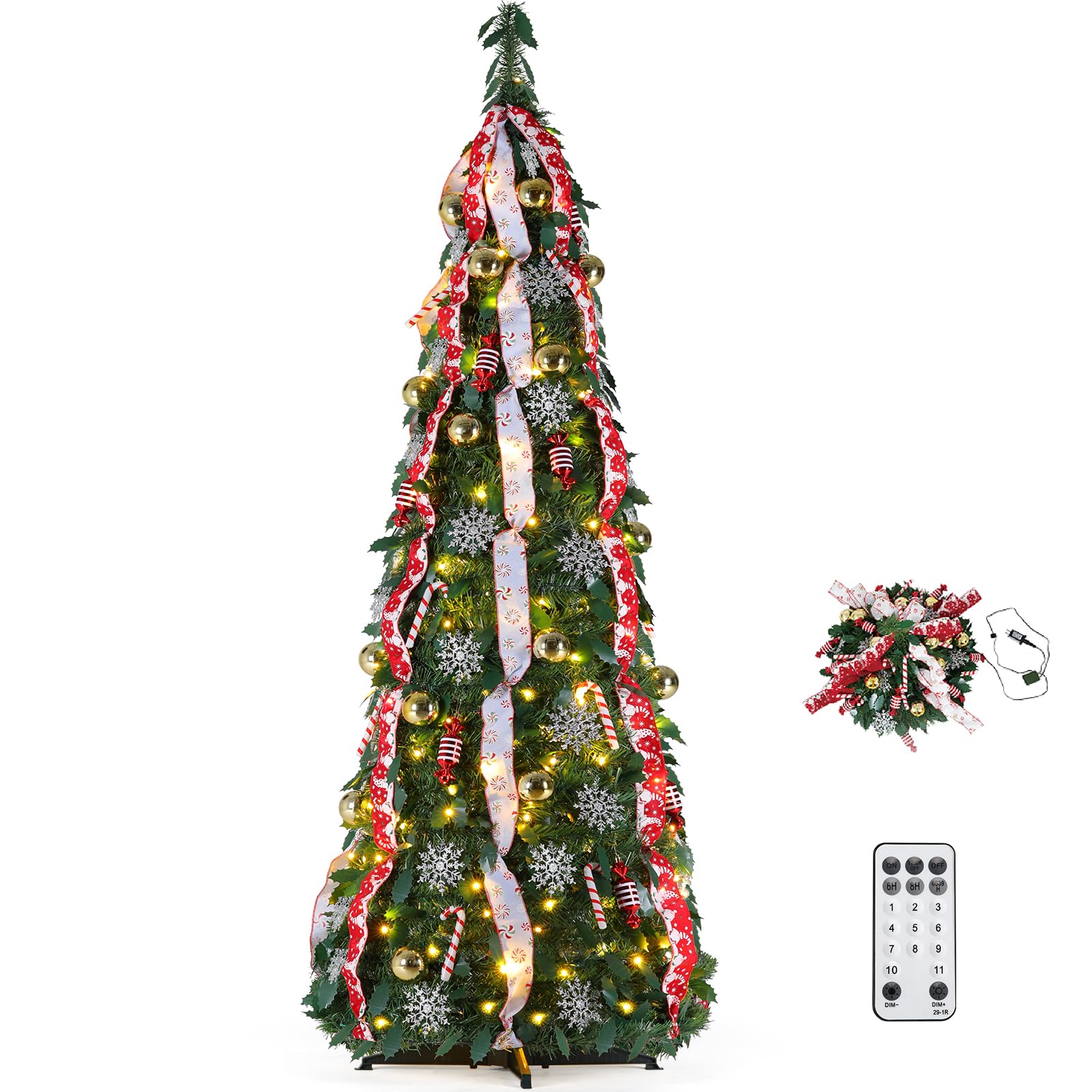 Clevich 150 cm Sapin de Noël Artificiel Pliable, Sapin de Noël Pop Up avec 120 Lumières Blanches Chaudes et Multicolores, 11 Modes d'Eclairage, Arbre de Noël Artificiel Décoré pour Maison Magasin