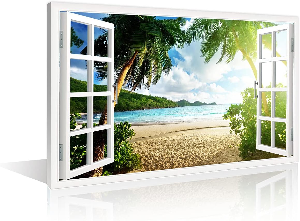 TISHIRON Wall Art Beach Sunset 3D Window View Effect For Home Modern Decoration Painting Pictures Print On Canvas Wooden Frame Ready To Hang(12X8in)