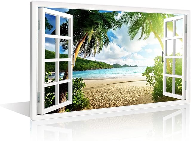 TISHIRON Wall Art Beach Sunset 3D Window View Effect For Home Modern Decoration Painting Pictures Print On Canvas Wooden Frame Ready To Hang(12X8in)