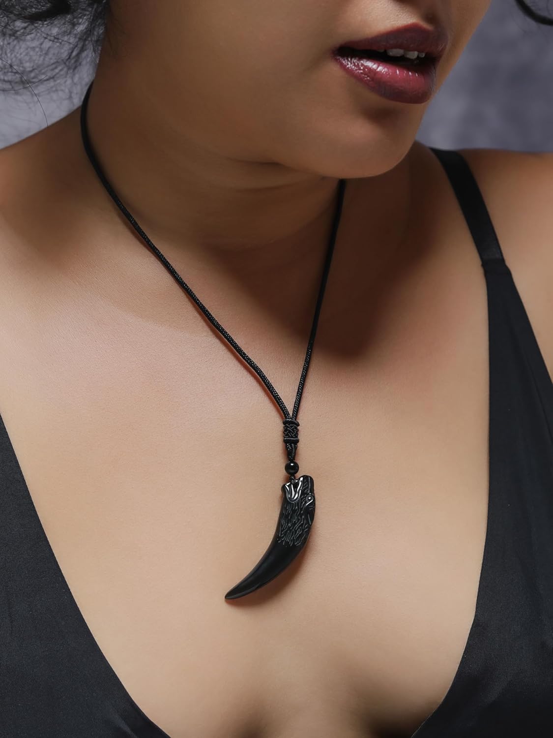 MINACHI Black Obsidian Tribal Wolf Tooth Pendant Necklace with Braided Cord, Wolf Jewelry Gift for Men and Women - Image 5