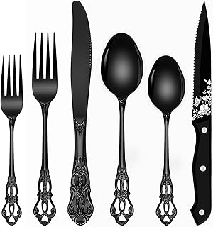 Black Silverware Set For 8, Ollex 48 PCS Retro Royal Silverware Flatware Set with Black Spoons Forks Knives Set, Mirror Po...