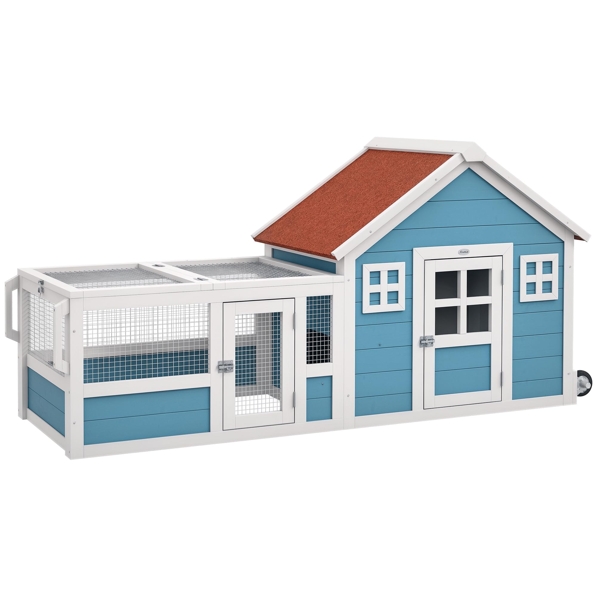PawHut Conejera Exterior de Madera 162,5x59,2x77,6 cm Jaula para Conejo Casa para Conejos con Ruedas Rampa Ventanas de Decoración Puerta y Techo de Asfalto Azul