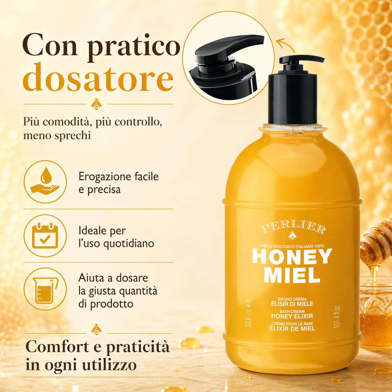 Perlier Honey Miel Bath Cream Miele - włoski miód organiczny 100% - 3000 ml z dozownikiem