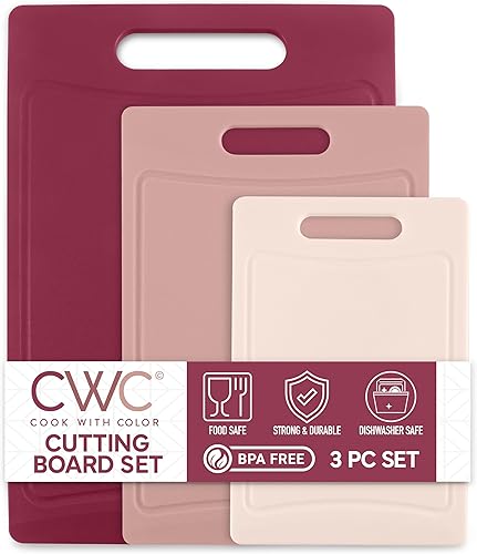 Vista 56 de COOK WITH COLOR Juego de tablas de cortar antideslizantes, esenciales de cocina con mango de fácil agarre para carne, verduras y frutas, 3 tablas