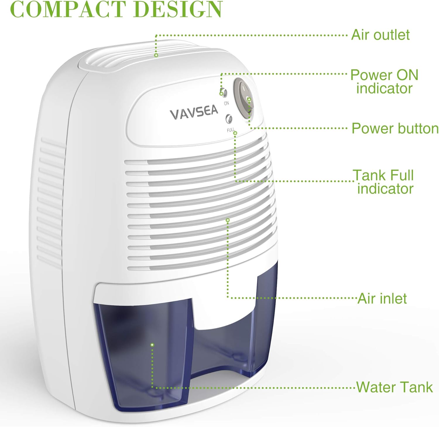 Diagram of VAVSEA Dehumidifier with labeled parts: Air outlet, Power ON indicator, Power button, Tank Full indicator, Air inlet, Water Tank