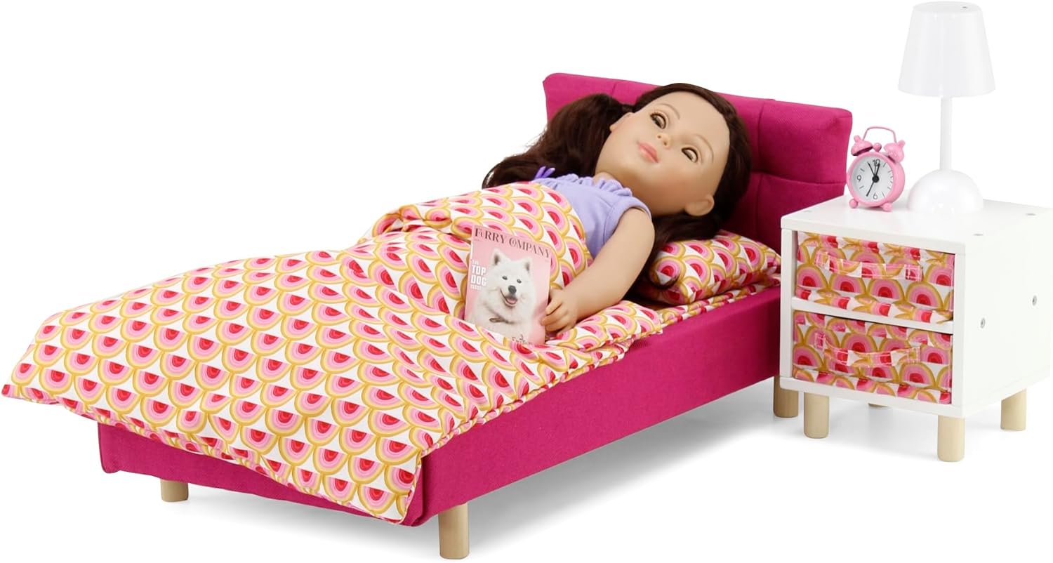 Emily Rose 18" Doll Bedroom Furniture Set - Pink Fabric Bed with Nightstand, Working Lamp & Alarm Clock, 4-Piece Bedding - Fits American Girl Dolls