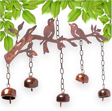 Happy Gardens Bird Wind Chimes with Bells | 5 Suspended Bells Windchime with Birds Garden Decor | Mothers Day Outdoor Gifts & Backyard Decorations