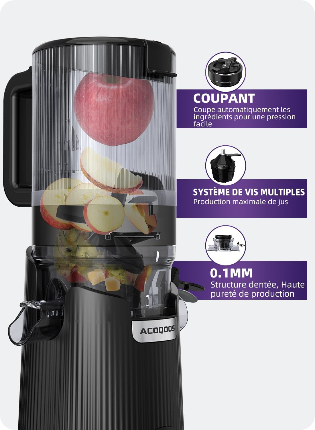 ACOQOOS Extracteur de Jus 135 mm Grande Ouverture Centrifugeuse 300W 1.8L Noir