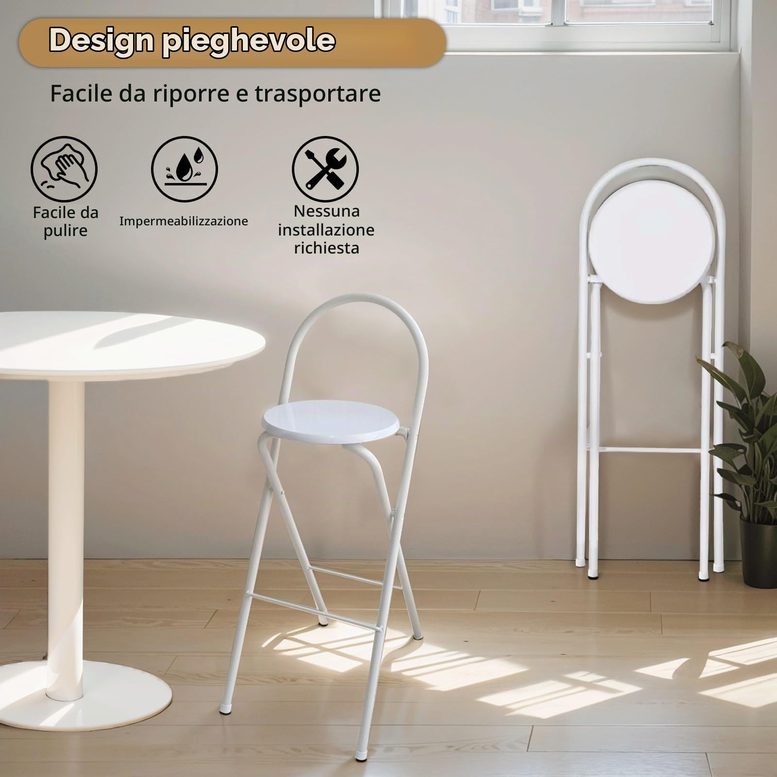 Sgabello Da Bar Pieghevole Con Schienale Sgabello Pieghevole Portatile Altezza Seduta 65cm/70cm/75cm Moderni Sgabello Alto Cucina Portante125kg Nessun Montaggio Sedie Da Pranzo Per Ufficio Giochi(Whit