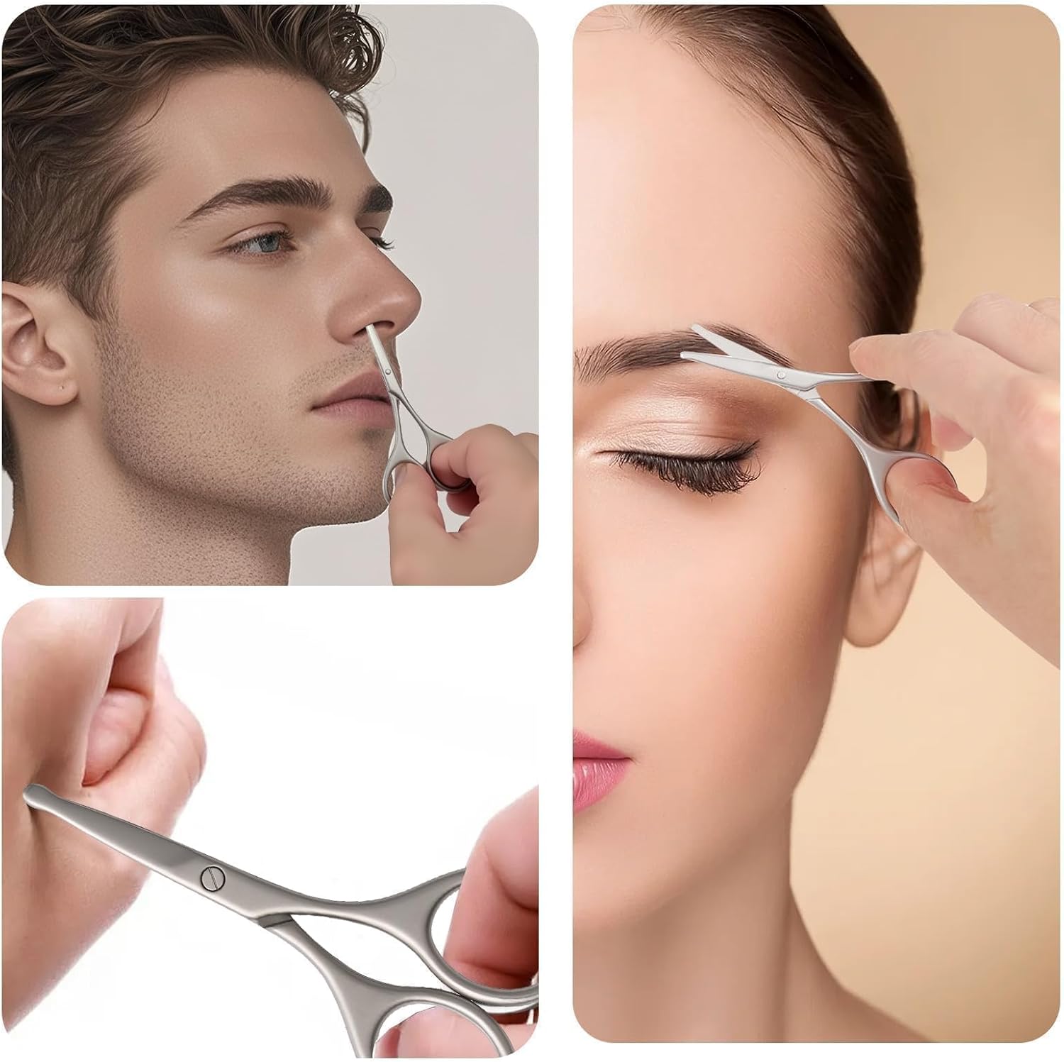Nose Hair Scissors Safety Round Tip - Stainless Steel Facial Trimmer for Men & Women, Small Grooming Shears for Eyebrow Beard Mustache Ear - with Leather Travel Pouch (Silver)