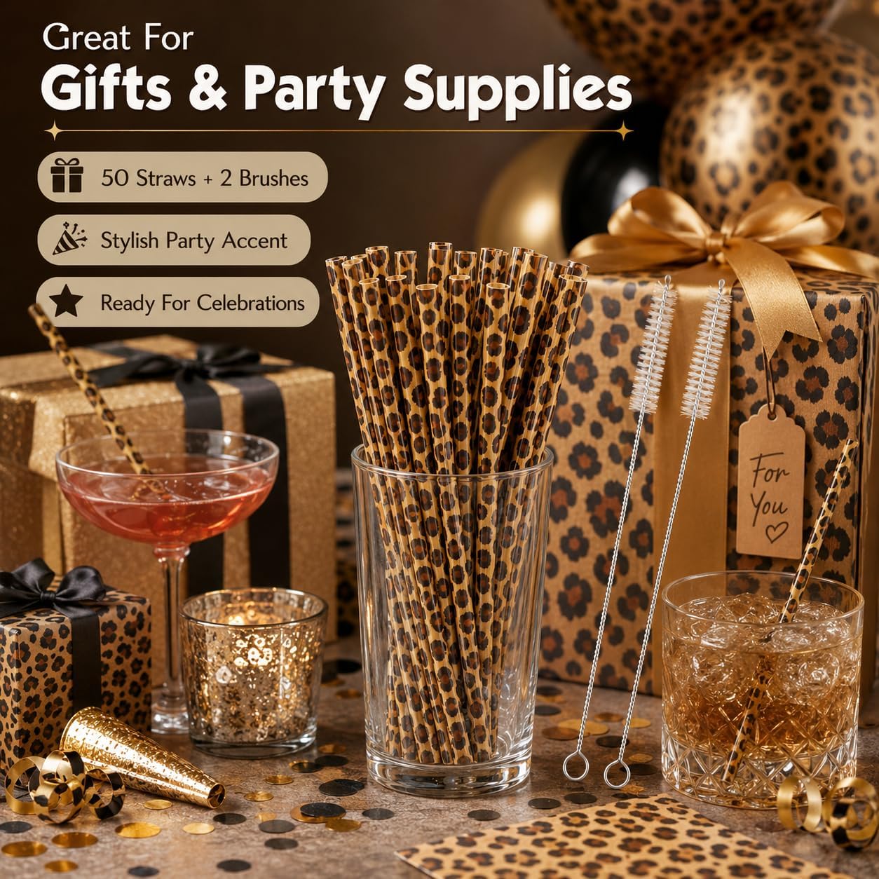 50 Pcs 9 Inch Reusable Leopard Print Plastic Straws with 2 Brushes