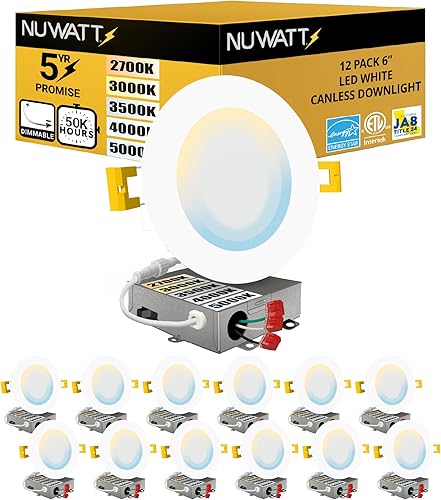 NUWATT Paquete de 12 luces LED empotrables ultrafinas de 6 pulgadas, CCT 2700K3000K3500K4000K5000K seleccionable, 1050LM 15W, regulable,