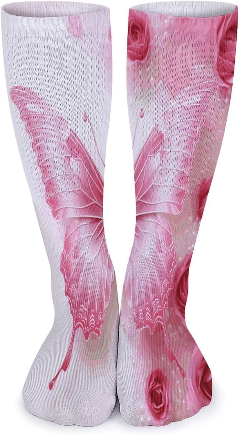 Pink And White Butterfly Knee High Socks Cozy Knee High Socks Soft Mid-Length Sock for All Seasons Daily Wear Adult