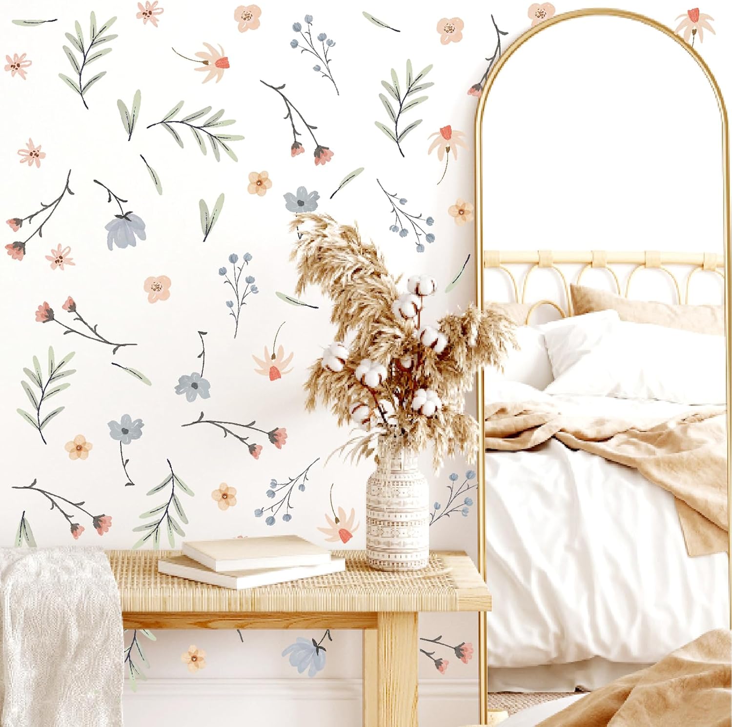 Boho Flower Wall Stickers Small Floral Leaf Decal Girls Room Wall Art Mural | Watercolor floral sticker, wildflower decals, peel and stick, removable vinyl decorations, for nursery kids bedroom baby room